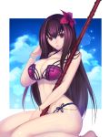  absurdres alternate_costume bikini blue_sky breasts cloud cloudy_sky fate/grand_order fate_(series) flower gae_bolg hair_flower hair_intakes hair_ornament hibiscus highres large_breasts leg_garter purple_hair red_eyes ri-ko scathach_(fate)_(all) scathach_(swimsuit_assassin)_(fate) sitting sky swimsuit 