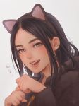  1girl absurdres alternate_costume animal_ears asirpa bangs black_hair cat_ears clenched_hands costume eyebrows fake_animal_ears fur golden_kamuy grey_eyes highres hood hood_down long_hair looking_at_viewer mprichin open_mouth parted_bangs signature smile solo teeth translation_request upper_body zipper zipper_pull_tab 