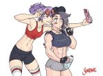  2girls abs alex_moon_(shardanic) asymmetrical_hair bandaid bandaid_on_cheek baseball_cap bike_shorts blue_eyes blue_nails bottle boxer-chan breasts character_request clothes_writing commentary earrings english_commentary eyewear_lift fingerless_gloves fingernails flat_chest gloves grey_hair gym_shorts hair_bun hat holding holding_phone jewelry large_breasts midriff multiple_girls muscular muscular_female nail_polish navel outstretched_arm pale_skin phone purple_hair raised_eyebrows red-tinted_eyewear red_sports_bra rimless_eyewear round_eyewear self_shot shardanic shorts side-tie_shirt sleeveless sleeves_rolled_up sports_bra sunglasses thighhighs toned undercut updo v water_bottle white_background white_legwear 