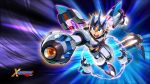  1boy alternate_color alternate_costume android arm_cannon armor forehead_jewel forehead_protector full_body gem gloves green_eyes helmet highres jetpack jumping magnet mizuno_keisuke official_alternate_costume official_art open_mouth pauldrons robot rockman rockman_x serious shoulder_armor shoulder_pads solo third-party_source wallpaper weapon white_armor x_(rockman) 