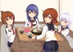  4girls akatsuki_(kantai_collection) anchor_symbol black_sailor_collar blue_eyes brown_eyes brown_hair eyebrows_visible_through_hair hair_between_eyes hibiki_(kantai_collection) ikazuchi_(kantai_collection) inazuma_(kantai_collection) kantai_collection long_hair long_sleeves multiple_girls neckerchief no_hat no_headwear ochikata_kage purple_eyes purple_hair red_neckwear sailor_collar school_uniform serafuku silver_hair 