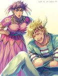  2boys :d artist_name battle_tendency blonde_hair caesar_anthonio_zeppeli closed_mouth commentary_request crossdressing crossed_arms dated dress dyresbroom earrings facial_mark feathers hair_feathers hair_ornament hands_on_hips happy_tears headband jewelry jojo_no_kimyou_na_bouken joseph_joestar_(tequila) joseph_joestar_(young) laughing leaning_forward lipstick makeup male_focus multiple_boys neck_ring necklace open_mouth pink_dress purple_hair rouge_(makeup) shirt short_hair sitting smile striped striped_shirt sweat taut_clothes taut_dress tearing_up tears 