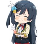  1girl bangs black_eyes black_hair black_vest blush bow bowtie buttons collared_shirt cropped_jacket double-breasted eating feathers flower flower_on_head food frilled_shirt frilled_skirt frills gloves grey_eyes hair_feathers hair_flower hair_ornament idol_clothes jacket long_hair love_live! love_live!_nijigasaki_high_school_idol_club miniskirt one_side_up red_neckwear red_skirt shirt skirt smile solo takoyaki toothpick totoki86 underbust vest white_gloves white_shirt yellow_jacket yuuki_setsuna_(love_live!) 