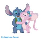  2017 alien angel_(lilo_and_stitch) antennae_(anatomy) arm_around_back artist_name blue_body blue_claws blue_fur blue_nose bottomless chest_tuft claws clothed clothing digital_media_(artwork) disney duo english_text experiment_(lilo_and_stitch) eyelashes eyes_closed flower flower_crown fur head_tuft kissing lilo_and_stitch notched_ear open_mouth open_smile plant purple_nose sapphire_canvas semi-anthro simple_background small_tail smile standing stitch_(lilo_and_stitch) teeth text topwear topwear_only tuft vest vest_only white_background 
