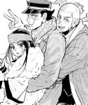  1girl 2boys :d ainu ainu_clothes arm_up asirpa bandana beard black_eyes black_hair blush buzz_cut cape coat commentary_request ear_piercing earrings facial_hair from_side fur_cape goatee golden_kamuy greyscale hat headband hoop_earrings hug hug_from_behind imperial_japanese_army jacket jewelry kepi long_hair long_sleeves looking_at_viewer military military_hat military_uniform monochrome multiple_boys open_mouth osmt328 parted_lips piercing scar scar_on_cheek scar_on_face scar_on_mouth scar_on_nose scarf shiraishi_yoshitake short_hair sideburns sidelocks signature simple_background smile sugimoto_saichi uniform upper_body v very_short_hair white_background 