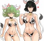  2021 2girls anger_vein animal_ears animal_print ass_visible_through_thighs bell bell_collar bikini black_hair breast_envy breasts chinese_zodiac cleavage collar commentary cow_ears cow_horns cow_print cow_tail cowbell curly_hair english_commentary fake_animal_ears fake_horns flipped_hair fubuki_(one-punch_man) green_eyes green_hair heart height_difference highres horns large_breasts looking_at_another looking_at_viewer multiple_girls navel new_year one-punch_man print_bikini rakeem_garcia-cueto short_hair siblings sisters small_breasts spaghetti_strap spoken_heart standing swimsuit tail tatsumaki toned year_of_the_ox 