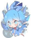  1girl absurdres blue_background blue_dress blue_eyes blue_hair blush bow chibi cirno detached_wings dress full_body grey_background hair_bow hall_jion highres ice ice_wings open_mouth outstretched_arms puffy_short_sleeves puffy_sleeves red_neckwear shirt shoes short_hair short_sleeves snowflakes socks solo touhou white_background white_legwear white_shirt wings 
