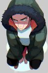  1boy alternate_costume black_hair black_pants blurry casual closed_mouth commentary_request eyebrows from_above full_body fur fur_trim golden_kamuy green_jacket hood hood_up hooded_jacket jacket long_jacket long_sleeves looking_at_viewer looking_up male_focus onnomono pants scar scar_on_cheek scar_on_face scar_on_mouth scar_on_nose shirt short_hair sitting solo spiked_hair sugimoto_saichi white_shirt yellow_eyes 