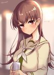  1girl beige_sailor_collar beige_serafuku brown_eyes brown_hair commentary_request highres jewelry kantai_collection long_hair looking_at_viewer neckerchief ooi_(kantai_collection) remodel_(kantai_collection) ring sailor_collar smile solo soramuko twitter_username upper_body wedding_band white_neckwear window 