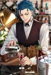  1boy alcohol blue_hair bow bowtie closed_eyes collared_shirt cup dress_shirt drinking_glass fate/grand_order fate_(series) formal highres male_focus phonograph pouring sherlock_holmes_(fate/grand_order) shirt smile solo upper_body vest white_shirt wine_glass yaoshi_jun 