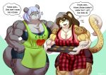  absurd_res anthro apron big_breasts big_muscles breasts clothing cookie dialogue duo english_text felid female food hair hi_res huge_breasts huge_muscles hyper hyper_muscles leopard mammal muscular pantherine razzberryboat snow_leopard text 