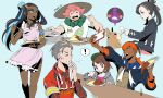  3boys 3girls apron armlet beige_headwear bike_shorts black_hair black_hoodie black_jacket blue_eyes blue_hair bob_cut brown_eyes brown_hair cardigan closed_eyes collared_shirt commentary curry dark_skin dark_skinned_female dark_skinned_male earrings eating feeding food freckles gen_4_pokemon gen_8_pokemon gloria_(pokemon) green_eyes green_headwear grey_cardigan gym_leader hair_bun hair_ribbon hat highres holding holding_ladle hood hooded_cardigan hoodie hoop_earrings jacket jewelry kabu_(pokemon) knees ladle long_hair marnie_(pokemon) milo_(pokemon) morpeko morpeko_(full) morpeko_(hangry) multicolored_hair multiple_boys multiple_girls necklace nessa_(pokemon) open_mouth pikat pink_apron pink_hair plate pokemon pokemon_(creature) pokemon_(game) pokemon_swsh raihan_(pokemon) red_ribbon ribbon rice rotom rotom_phone shirt short_hair short_sleeves smile spilling sun_hat tam_o&#039;_shanter teeth tongue towel towel_around_neck two-tone_hair wiping_mouth 