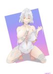 1girl bandaged_arm bandaged_leg bandages bangs bare_shoulders barefoot border breasts claw_ring cleavage code_vein dress gradient gradient_background hair_between_eyes highres io_(code_vein) jansempai large_breasts short_dress short_hair silver_hair squatting thighs torn_clothes torn_dress white_border white_dress yellow_eyes 