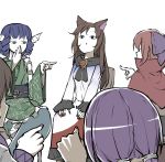  &lt;o&gt;_&lt;o&gt; 5girls animal_ears bangs black_eyes blue_bow blue_eyes blue_hair bow brooch brown_hair chair cloak dress drill_locks frilled_kimono frills green_kimono hair_bow hand_to_own_mouth hands_on_own_knees highres imaizumi_kagerou japanese_clothes jewelry kimono long_hair long_sleeves multiple_girls open_mouth peroponesosu. pointing_at_another purple_hair red_hair red_nails sash sekibanki short_hair simple_background sitting tied_hair touhou tsukumo_benben tsukumo_yatsuhashi wakasagihime werewolves_of_millers_hollow white_background white_dress wolf_ears 