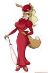  2:3 alpha_channel anthro arrogant big_breasts blinky_bill_(series) blonde_hair breasts brown_body brown_fur canid canine canis clothed clothing confident curvy_figure daisy_dingo dingo dress elegant elegant_dress eyelashes facial_tuft female fluffy fluffy_tail footwear fur green_eyes greycat_rademenes hair hat headgear headwear hi_res high_heels lipstick long_hair makeup mammal multicolored_body multicolored_fur pompous red_clothing red_dress seductive shoes simple_background smile solo standing topwear tuft two_tone_body two_tone_fur umbrella white_body white_fur 