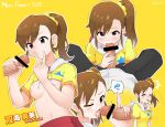  &gt;_&lt; 1boy 1girl bar_censor breasts brown_eyes brown_hair censored character_name closed_mouth cum cum_in_mouth cum_on_tongue erection facial fellatio futami_mami handjob hetero idolmaster idolmaster_(classic) kim_da-yoon long_hair nipples one_eye_closed open_mouth oral outline penis short_sleeves side_ponytail simple_background spoken_sweatdrop sweatdrop tongue tongue_out v yellow_background 