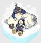  1boy 1girl ainu ainu_clothes animal asirpa bandana black_hair blue_bandana blue_coat blue_headwear brown_footwear buttons cape chibi coat commentary_request ear_piercing earrings facing_viewer full_body fur fur_cape golden_kamuy hands_together hat hoop_earrings ice imperial_japanese_army jewelry kepi long_hair long_sleeves military military_hat military_uniform onnomono open_mouth piercing saliva saliva_trail scar scar_on_cheek scar_on_face scar_on_nose scarf seal short_hair sidelocks simple_background sleeping spiked_hair squirrel star_(symbol) sugimoto_saichi two-tone_headwear uniform wide_sleeves yellow_headwear yellow_scarf 