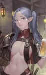  1boy 1girl alcohol armor beer beer_mug belt blue_eyes blue_hair breasts brown_gloves cleavage cup earrings gloves green_eyes highres jewelry ki_min-woo long_hair looking_at_viewer mug navel original pauldrons pointy_ears revealing_clothes sheath sheathed shoulder_armor solo_focus sword twintails weapon 