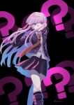  1girl ? bare_legs black_background black_footwear black_gloves black_skirt boots braid danganronpa:_trigger_happy_havoc danganronpa_(series) feet_out_of_frame gloves hair_over_mouth hair_ribbon hand_on_own_cheek hand_on_own_face highres jacket kirigiri_kyouko long_hair looking_at_viewer necktie purple_eyes purple_hair purple_jacket purple_ribbon red_neckwear ribbon shirt side_braid simple_background skirt solo takagiri white_shirt 