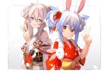  2girls ame. animal_ear_fluff animal_ears bangs bare_shoulders blue_hair blush bunny-shaped_pupils bunny_ears commentary_request don-chan_(usada_pekora) eyebrows_visible_through_hair fang flower grey_eyes grey_hair grin hair_between_eyes hand_up highres hololive japanese_clothes kimono lion_ears multicolored_hair multiple_girls obi off_shoulder parted_lips red_eyes red_flower red_kimono sash shishiro_botan short_eyebrows short_sleeves sidelocks smile tasuki thick_eyebrows two-tone_hair usada_pekora v virtual_youtuber w white_hair white_kimono wide_sleeves 