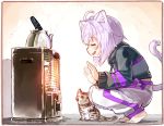  1girl ahoge animal_ears barefoot cat cat_ears heater hololive kettle nekomata_okayu pants purple_eyes purple_hair sakino_shingetsu squatting steam tail temari_(nekomata_okayu) virtual_youtuber warming_hands 