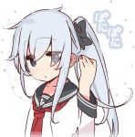  1girl alternate_hairstyle anchor_symbol black_sailor_collar blue_eyes commentary_request eyes_visible_through_hair hair_over_one_eye hibiki_(kantai_collection) kantai_collection long_hair looking_at_viewer neckerchief ponytail red_neckwear sailor_collar school_uniform serafuku silver_hair solo upper_body white_background yoru_nai 