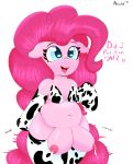  animal_print big_teats bodily_fluids bra clothing cow_print equid equine female friendship_is_magic hi_res lactating mammal my_little_pony nipples nozukznsfw open_mouth open_smile pinkie_pie_(mlp) simple_background smile solo teats thick_thighs underwear white_background 