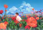  1boy blue_sky bug butterfly cloud cloudy_sky field flower flower_field insect insect_on_nose kuribulb leaf orange_flower original pink_flower plant red_flower shirt short_sleeves signature sky solo white_shirt wide_shot 