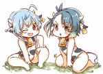  2girls ahoge animal_ears animal_print bare_arms bare_legs barefoot bell bell_collar blue_hair breasts brown_eyes chinese_zodiac collar commentary_request cow_ears cow_girl cow_horns cow_print cow_tail cowbell ear_tag fang fukae_(kantai_collection) grass horns kantai_collection miko_(35nikomi) multiple_girls one_eye_closed open_mouth sado_(kantai_collection) short_hair siblings sitting tail translation_request year_of_the_ox 