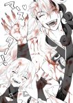  00e_fgo 1boy 1girl alternate_hairstyle ashiya_douman_(fate) asymmetrical_hair black_eyes black_hair blood blood_from_mouth blood_on_face blood_stain bloody_clothes bloody_hands curly_hair earrings fangs fate/grand_order fate_(series) fingernails hair_between_eyes hair_intakes jack_the_ripper_(fate/apocrypha) jewelry long_hair looking_at_viewer magatama magatama_earrings multicolored_hair official_alternate_costume pectorals sharp_fingernails single_bare_shoulder smile spot_color translation_request two-tone_hair very_long_fingernails very_long_hair waving white_hair 