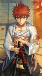  1boy artist_name autumn_leaves dated fate/grand_order fate_(series) grin hand_on_weapon highres holding holding_sword holding_weapon katana leaf looking_at_viewer male_focus nagatekkou orange_eyes pectorals red_hair reiquant rope sengo_muramasa_(fate) shimenawa sitting smile solo sword weapon wide_sleeves 