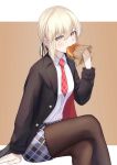  absurdres artoria_pendragon_(all) bangs black_coat black_legwear black_ribbon blush brown_background coat collared_shirt crossed_legs dress_shirt eating eyebrows_visible_through_hair fate/stay_night fate_(series) food fuwatoromonta hair_between_eyes hair_ribbon hamburger highres holding holding_food invisible_chair letterboxed long_hair long_sleeves looking_at_viewer miniskirt multiple_girls necktie open_clothes open_coat pantyhose plaid_neckwear ponytail red_neckwear ribbon saber_alter shirt silver_hair sitting skirt solo white_shirt wing_collar yellow_eyes 