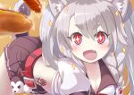  +_+ 1girl :d animal_ear_fluff animal_ears azur_lane bangs belt belt_buckle black_skirt blush braid breasts buckle cleavage collarbone commentary_request crop_top eyebrows_visible_through_hair fang food grey_hair hair_between_eyes highres hot_dog hot_dog_bun ketchup krono_tokage long_hair looking_at_viewer medium_breasts miniskirt mustard open_mouth oppai_loli pleated_skirt puffy_sleeves red_belt red_eyes sausage short_eyebrows short_sleeves side_braid skirt smile solo sparkle steam symbol-shaped_pupils tail tattoo thick_eyebrows wolf_ears wolf_girl wolf_tail yuudachi_(azur_lane) 