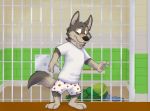  accidental_exposure anthro arkotter_(artist) barefoot black_eyes boxers_(clothing) brown_body brown_fur canid canine canis clothing disney domestic_dog fur male mammal prison shirt solo t-shirt topwear underwear zach_king zootopia 