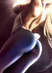  1girl arms_up artoria_pendragon_(all) artoria_pendragon_(swimsuit_ruler)_(fate) ass back blonde_hair blue_legwear breasts fate/grand_order fate_(series) fishnet_legwear fishnets highres medium_breasts pantyhose playboy_bunny queasy_s solo 