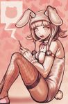  1girl animal_ears animal_hood bangs bare_shoulders blunt_bangs breasts bunny_ears bunny_hood bunny_tail character_print cleavage commentary danganronpa_(series) danganronpa_2:_goodbye_despair detached_collar english_commentary fake_animal_ears fake_tail fishnet_legwear fishnets from_side green_background hands_up highres holding holding_phone hood leotard looking_at_viewer medium_breasts medium_hair monokuma nanami_chiaki official_alternate_costume official_style open_mouth phone pink_ribbon ribbon shoes sitting smile solo sozzaydr tail thighhighs upper_teeth 