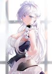  1girl absurdres azur_lane bangs belfast_(azur_lane) blush braid breasts cleavage collar commentary_request dress eyebrows_visible_through_hair eyelashes from_side gloves highres large_breasts long_hair looking_at_viewer maid maid_headdress purple_eyes sasayuki101 smile solo white_gloves white_hair 