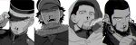  adjusting_clothes adjusting_headwear ainu ainu_clothes alternate_costume arm_up beard black_hair blood buttons buzz_cut cape closed_mouth coat collar collared_jacket commentary_request ear_piercing earrings facial_hair goatee golden_kamuy grey_eyes grey_hair greyscale hair_slicked_back hair_strand hat hood hood_up hooded_cape hoop_earrings imperial_japanese_army jacket jewelry kepi kiroranke long_sleeves looking_at_viewer male_focus military military_hat military_uniform monochrome multiple_boys nosebleed ogata_hyakunosuke one_eye_covered onnomono open_mouth piercing scar scar_on_cheek scar_on_face scar_on_mouth scar_on_nose scarf shadow shiraishi_yoshitake short_hair sideburns simple_background spiked_hair star_(symbol) stubble sugimoto_saichi teeth tongue tongue_out undercut uniform upper_body very_short_hair white_background white_cape 