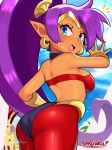  1girl absurdres artist_name ass bangs bare_shoulders blue_eyes blue_sky blush breasts cloud cloudy_sky commentary dark_skin day hair_ornament highres jewelry looking_at_viewer looking_back medium_breasts midriff open_mouth outdoors pointy_ears ponytail purple_hair sarukaiwolf shantae_(character) shantae_(series) shiny shiny_clothes shiny_hair shiny_skin signature simple_background skin_tight sky solo tiara tied_hair 