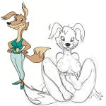  1:1 anthro bare_shoulders big_breasts blinky_bill_(series) bottomwear breasts brown_body brown_fur butt canid canine canis cheek_tuft clothed clothing curvy_figure daisy_dingo digital_media_(artwork) dingo exwolf85 eyelashes facial_tuft fangs feet female floppy_ears fluffy fluffy_tail foot_focus footwear fur genitals green_clothing green_shirt green_topwear hands_on_hips head_tuft hi_res high_heels looking_at_viewer lying mammal midriff multicolored_body multicolored_fur nipples nude pants presenting pussy raised_leg reference_image seductive shirt shoes simple_background sitting sketch smile solo spread_legs spreading standing suggestive tank_top tied_shirt toe_curl toes topwear tuft two_tone_body two_tone_fur 