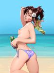  1girl ;) alternate_hairstyle ass beach breasts butt_crack can d.va_(overwatch) day fingerless_gloves flat_ass flower from_behind gloves gun hair_flower hair_ornament hair_scrunchie high_ponytail holding holding_gun holding_weapon lips looking_back nail_polish nipples nose ocean one_eye_closed overwatch panties pink_nails pink_scrunchie pinky_out running scrunchie short_hair side-tie_panties sidelocks small_breasts smile soda_can solo topless underwear vashperado water_gun weapon whisker_markings 
