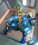  1girl absurdres anal_beads artist_name ass blonde_hair blue_bodysuit blue_eyes blue_lipstick bodysuit breasts cactus64 cameltoe commentary covered_nipples flying_sweatdrops highres large_breasts lipstick long_hair makeup metroid metroid_(creature) samus_aran sex_toy signature squatting zero_suit 