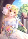  1girl :d bare_shoulders blue_flower blurry blurry_background blush bouquet braid breasts building cleavage collarbone commentary_request depth_of_field dress elbow_gloves flower gloves hair_flower hair_intakes hair_ornament hair_ribbon head_tilt highres kousetsu long_hair low_twintails medium_breasts open_mouth original pink_flower pink_rose red_flower red_rose ribbon rose see-through smile solo strapless strapless_dress tree twin_braids twintails very_long_hair wedding_dress white_flower white_gloves yellow_flower 