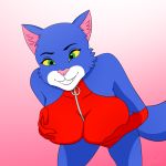  1:1 absurd_res anthro bent_over big_breasts blue_body blue_fur breasts clothed clothing domestic_cat felid feline felis female fur gloves go!_go!_hypergrind green_eyes grin hand_on_breast handwear hi_res holding_breast huge_breasts looking_at_viewer mammal mega_milk meme penny_(ggh) pink_background simple_background smile solo teeth thick_thighs video_games wide_hips zowslli 