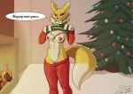  2020 absurd_res anthro breasts canid christmas christmas_tree clothed clothing clothing_lift countershade_torso countershading dialogue digimon digimon_(species) english_text female fire fireplace flashing front_view fur genitals hi_res holidays looking_at_viewer mammal neck_tuft new_year nipples pants_down partially_clothed plant portrait pussy renamon sabrotiger solo sweater sweater_lift talking_to_viewer text three-quarter_portrait topwear tree tuft yellow_body yellow_fur 