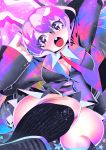  1girl :o abstract_background animal_ears ass bangs black_legwear blazer blush breasts bunny_ears cleavage detached_collar finger_gun hakkasame highres jacket long_hair long_sleeves necktie pink_eyes pleated_skirt purple_hair reisen_udongein_inaba shiny shiny_hair shoes skirt socks solo thick_thighs thighs touhou white_skirt 