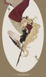  1girl absurdres blonde_hair cape earrings ereshkigal_(fate/grand_order) fate/grand_order fate_(series) high_heels highres jewelry long_hair looking_at_viewer nizle red_eyes single_thighhigh smile solo thighhighs tiara 