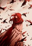  1boy bird cape feathers flower gloves highres holding holding_cape long_hair looking_away red_hair solo_focus tristan_(fate/grand_order) 