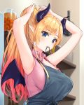  1girl apron armpits bangs bare_shoulders blonde_hair blue_apron blue_eyes blush breasts collared_shirt commentary_request demon_girl demon_horns eyebrows_visible_through_hair hair_tie hair_tie_in_mouth high_ponytail hololive horns large_breasts long_hair mouth_hold multicolored_hair pensuke pink_shirt pointy_ears shelf shirt sleeveless sleeveless_shirt tying_hair virtual_youtuber wings yuzuki_choco 