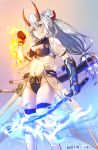  1girl armor bikini blue_fire blue_gloves breasts cleavage clenched_hand commentary_request fate/grand_order fate_(series) fire flaming_hand flaming_sword flaming_weapon gloves hair_between_eyes hair_ribbon highres holding holding_sword holding_weapon horns japanese_armor katana keisuke_desu~ kote long_hair low-tied_long_hair medium_breasts midriff mismatched_gloves mitsudomoe_(shape) navel oni_horns purple_bikini red_eyes red_gloves red_ribbon ribbon scabbard see-through sheath silver_hair solo swimsuit sword thighhighs tomoe_(symbol) tomoe_gozen_(fate/grand_order) tomoe_gozen_(swimsuit_saber)_(fate) waist_cape weapon white_legwear 